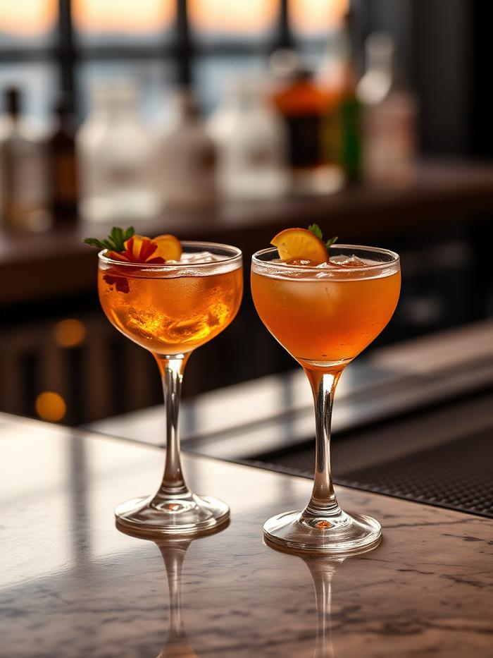 To færdige signature-cocktails serveret på en marmorbar