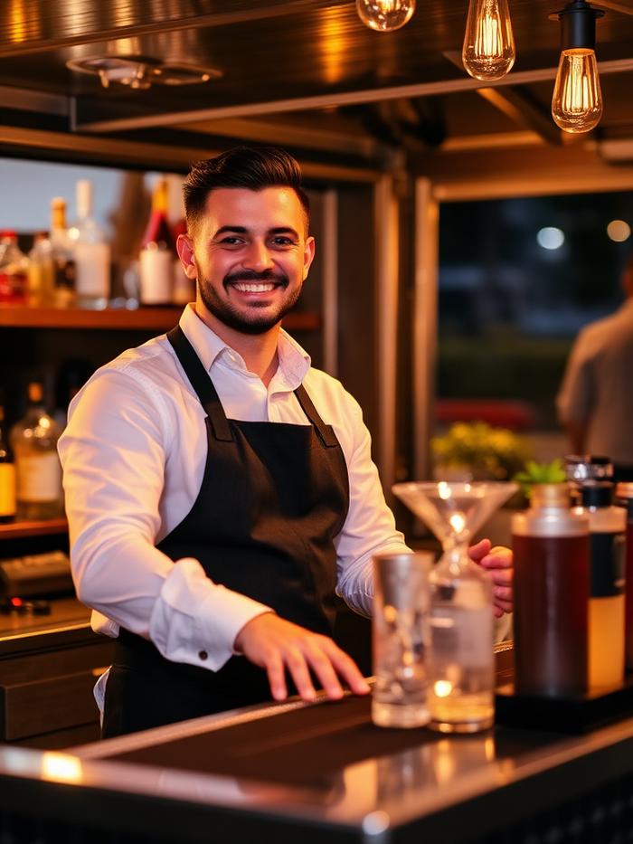Professionel bartender i forklæde bag en mobil eventbar