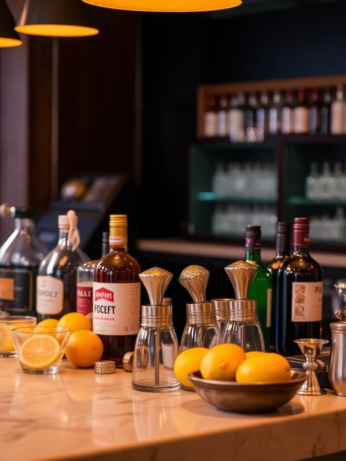 Opstillet barstation med flasker, jiggere og frisk citrus